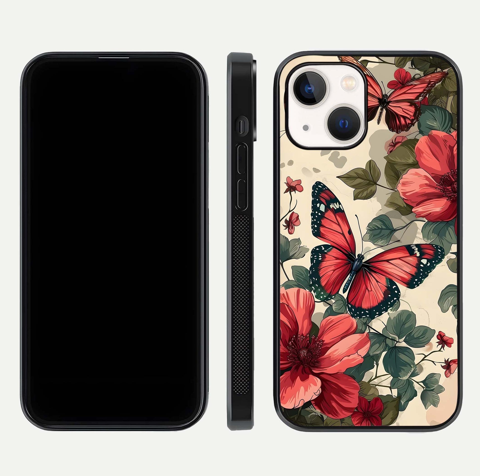 Crimson Butterfly Garden Glass Case for iPhone 14 dual-view layout displaying floral patterns and edge finish