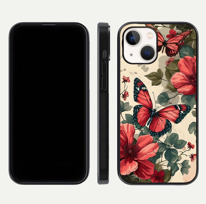 Crimson Butterfly Garden Glass Case for iPhone 14 dual-view layout displaying floral patterns and edge finish