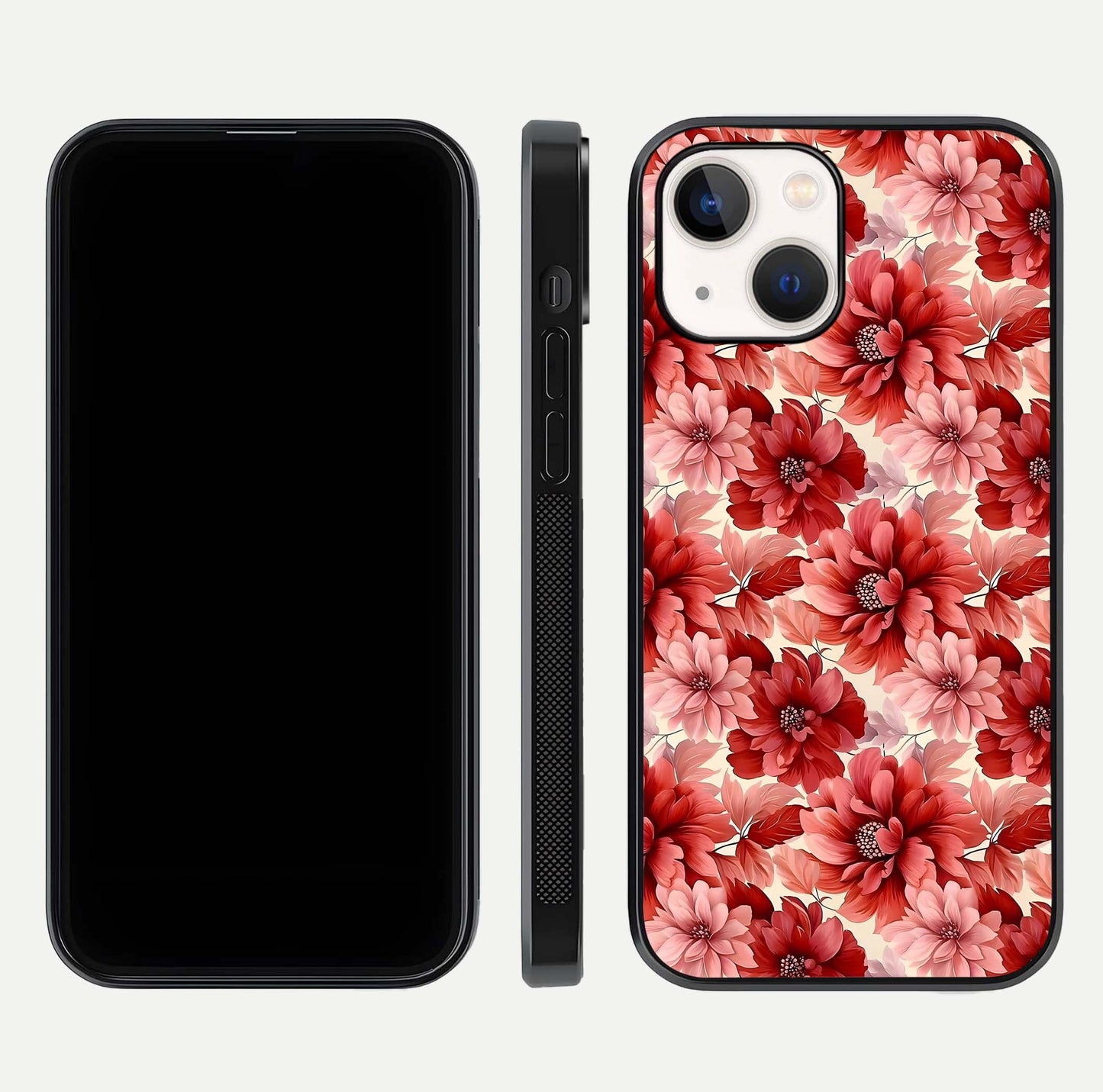 Crimson Love Petals Glass Case for iPhone 14 dual-view layout displaying floral charm and curved glass