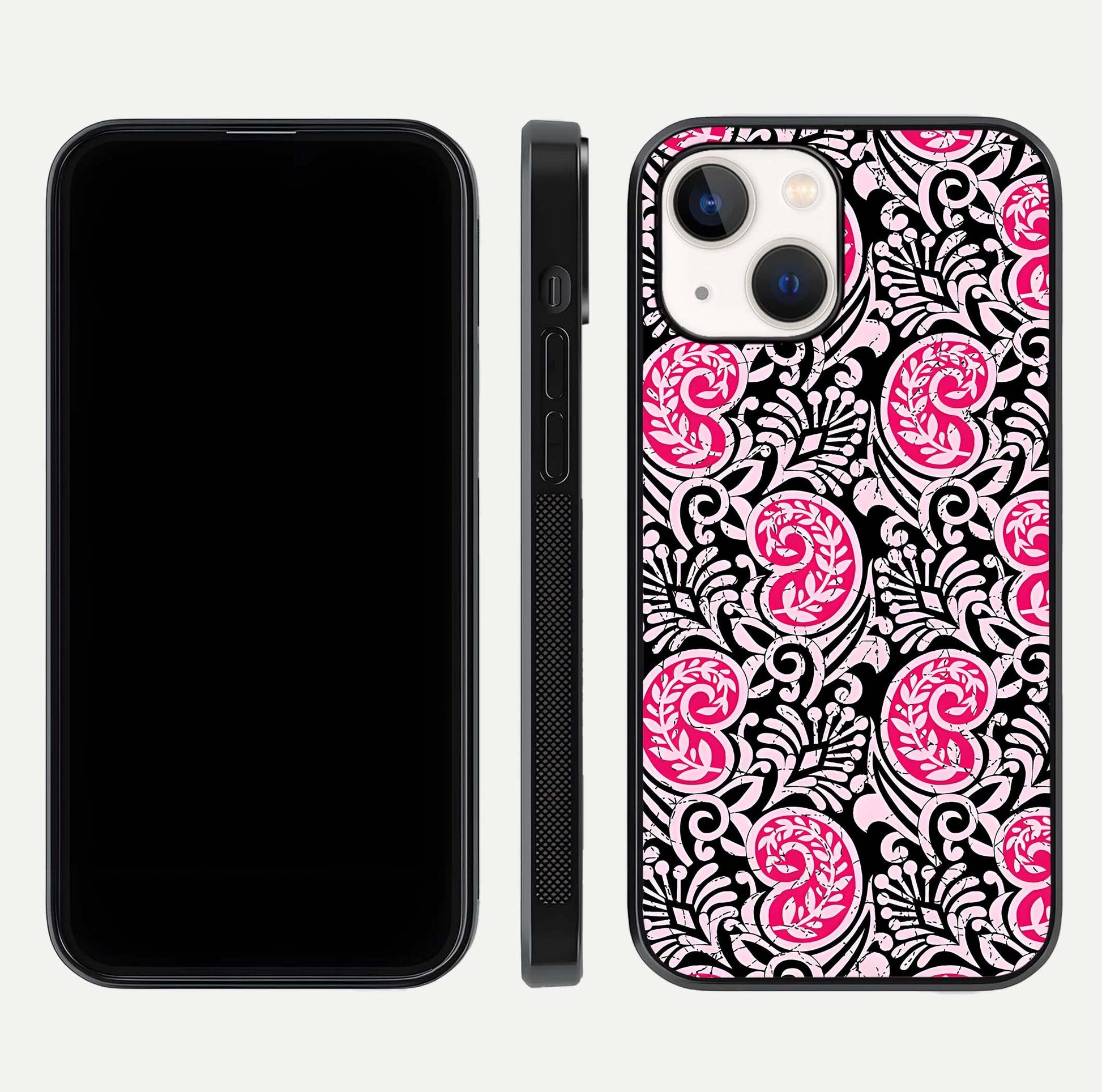 Crimson Paisley Charm Glass Case for iPhone 14 dual-view layout displaying HD print and curved polish