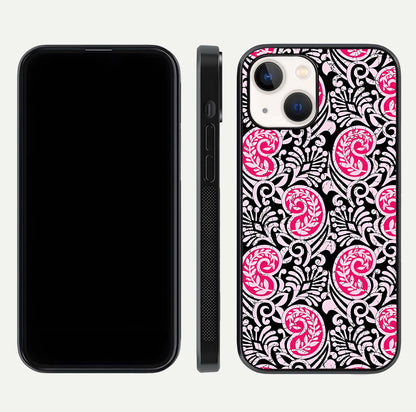 Crimson Paisley Charm Glass Case for iPhone 14 dual-view layout displaying HD print and curved polish
