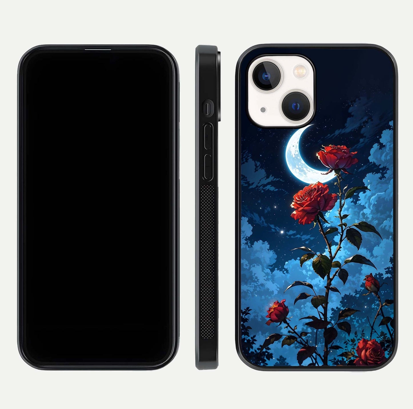 Crimson Rose Moon Glass Case for iPhone 14 dual-view layout displaying red tones and soft gloss