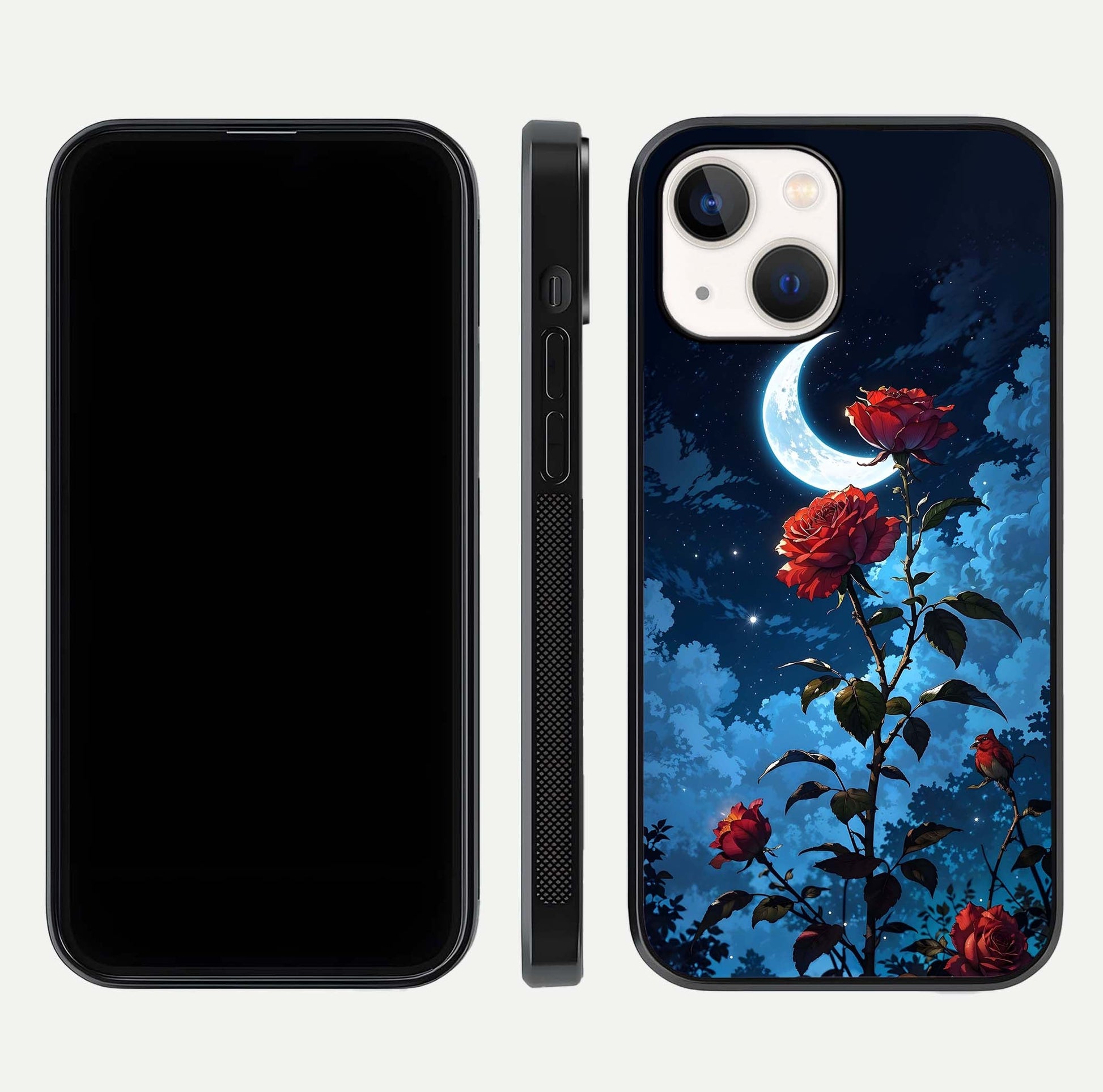 Crimson Rose Moon Glass Case for iPhone 14 dual-view layout displaying red tones and soft gloss