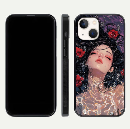 Crimson Rose Serenity Glass Case for iPhone 14 dual-view layout displaying serenity tones and curved glass