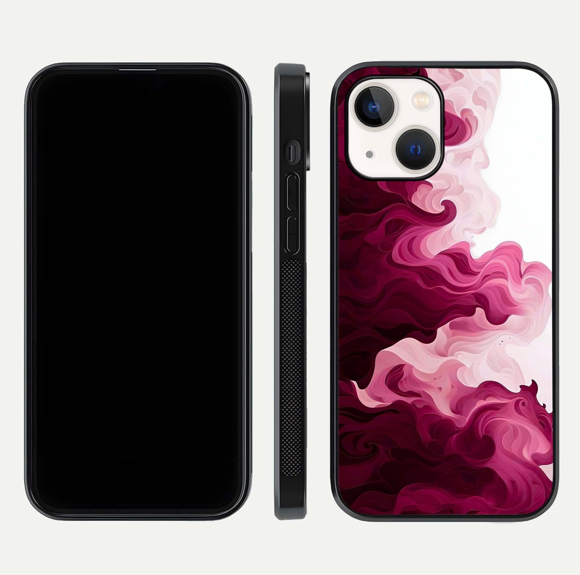 Crimson Wave Flow Glass Case for iPhone 14 dual-view layout displaying curved wave art and polished surface