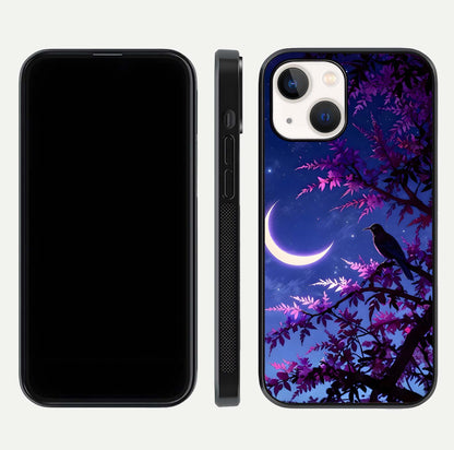 Crow & Moon Scenery Glass Case for iPhone 14 dual-view layout displaying night sky art and curved glass edges