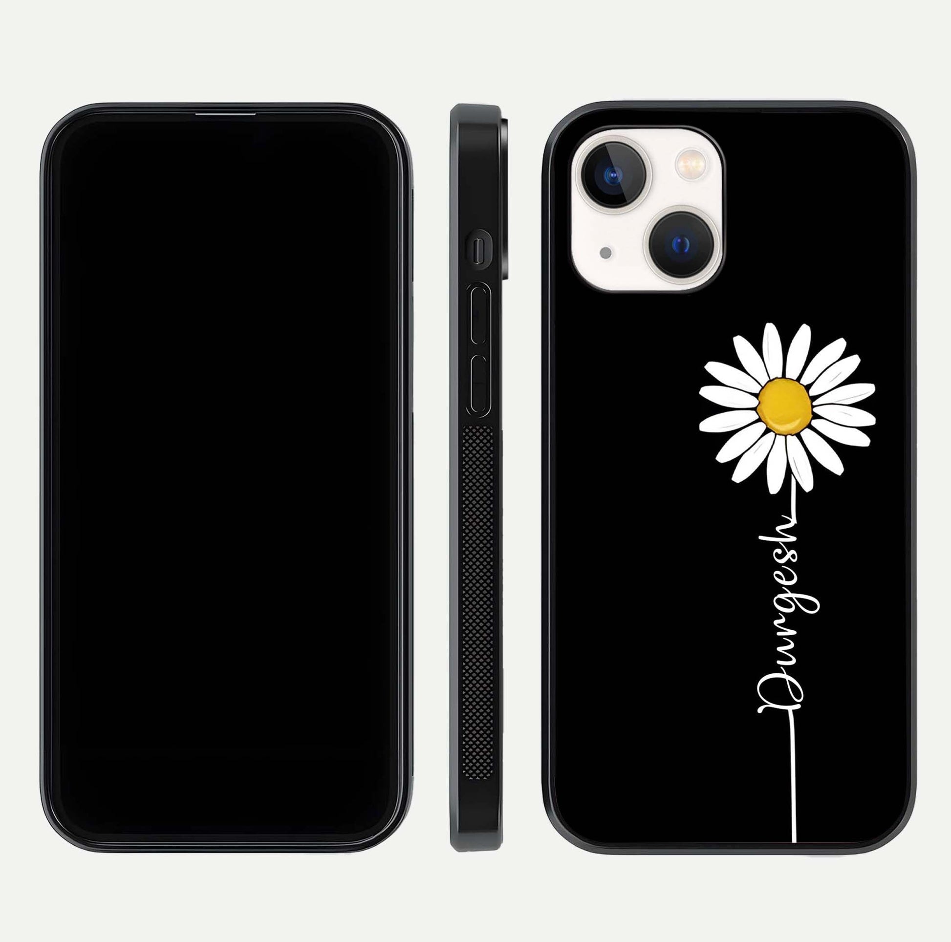 Custom Name White Flower Glass Case for iPhone 14 dual-view layout showing elegant floral tone and curved edge finish