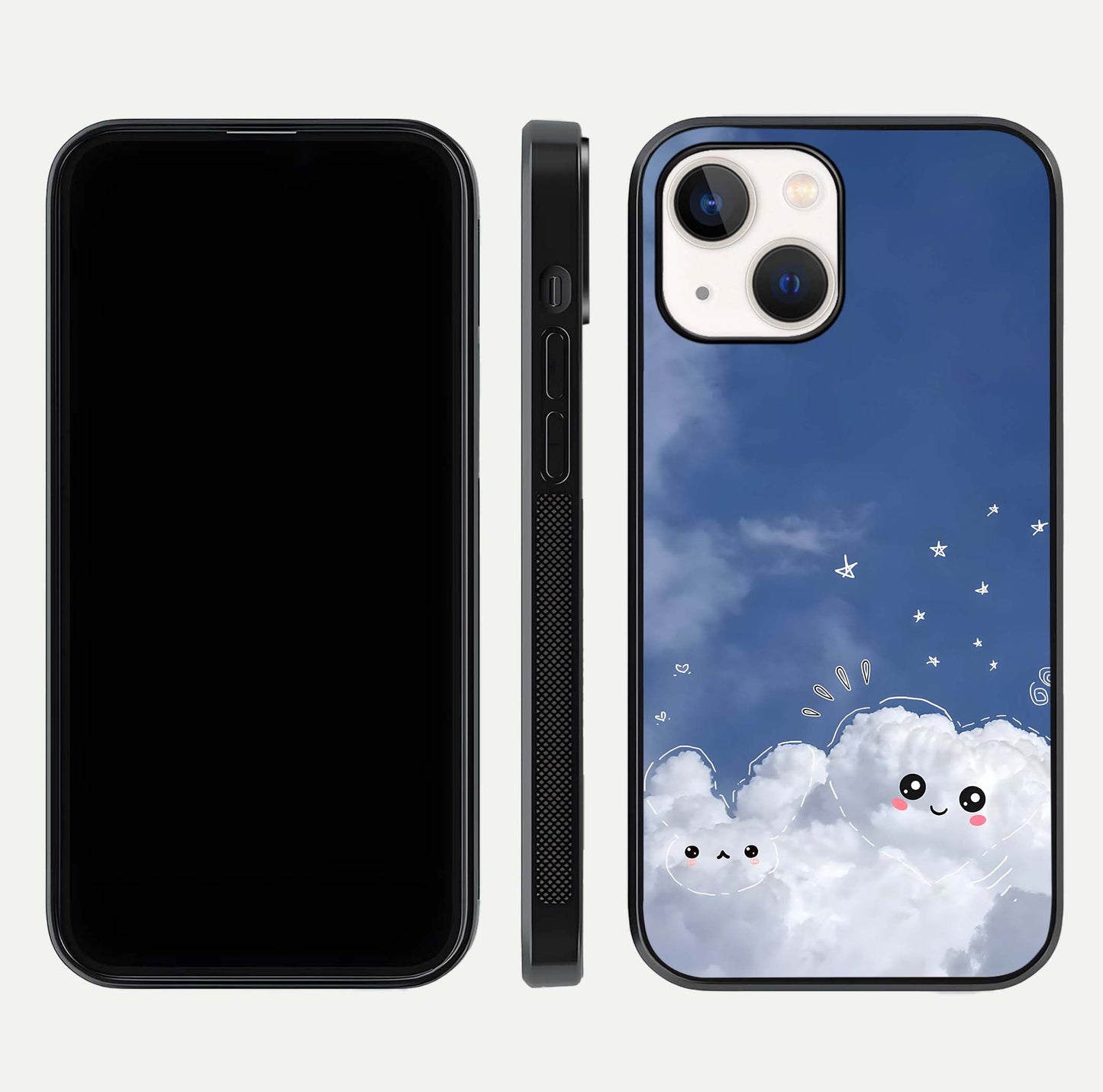 Cute Blossom Cloud Glass Case for iPhone 14 dual-view layout displaying cute floral clouds and polished edge