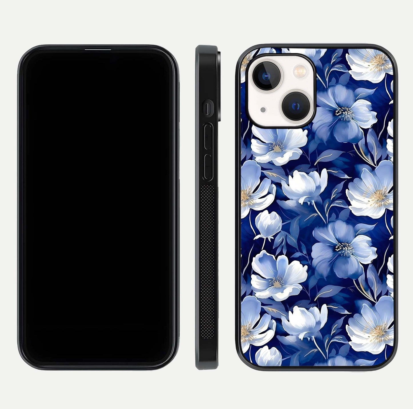 Cute Floral Patterns Glass Case for iPhone 14 dual-view layout displaying HD floral print and curved edges