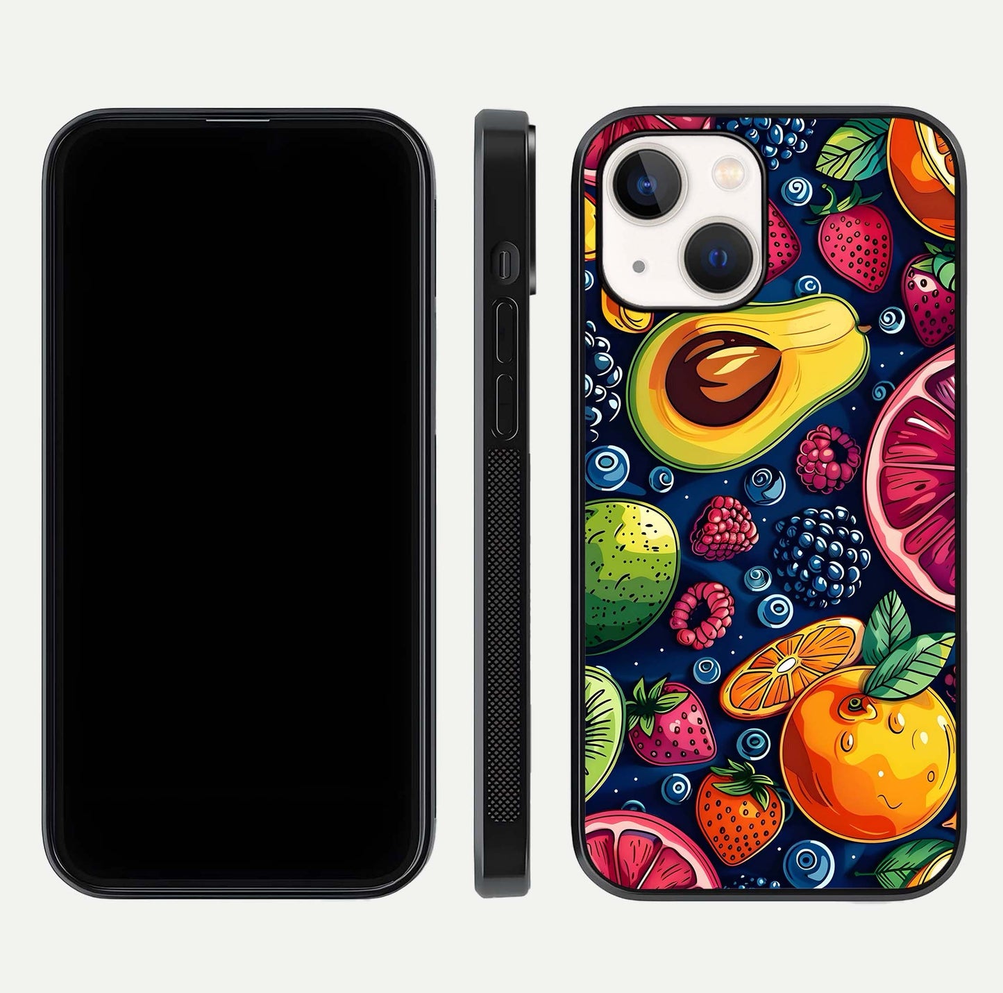 Cute Fruits Art Glass Case for iPhone 14 dual-view layout displaying playful tones and curved design