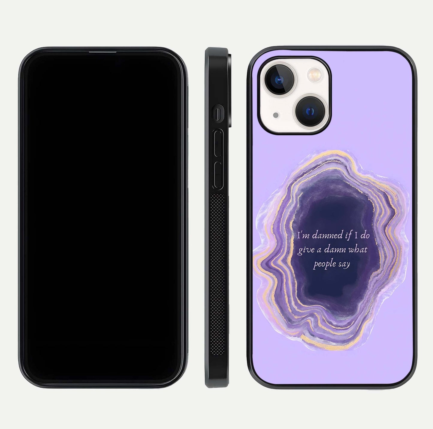 Damned People Quote Glass Case for iPhone 14 dual-view layout displaying modern print and glass clarity