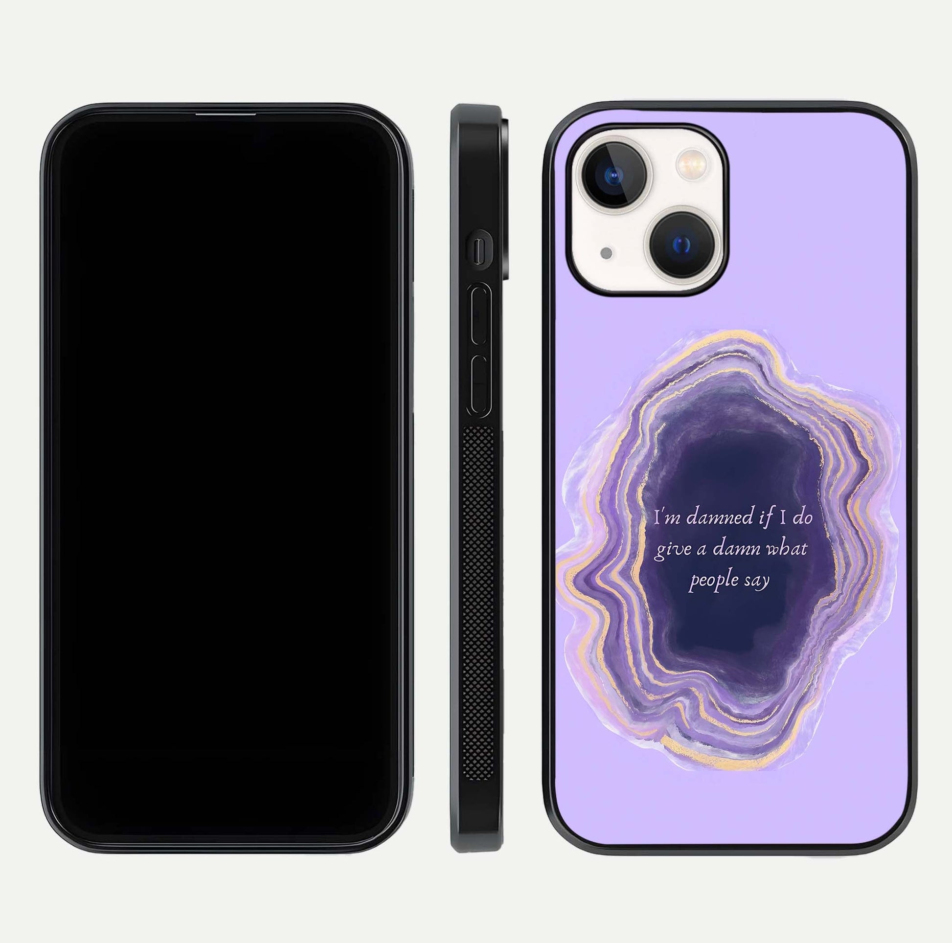 Damned People Quote Glass Case for iPhone 14 dual-view layout displaying modern print and glass clarity