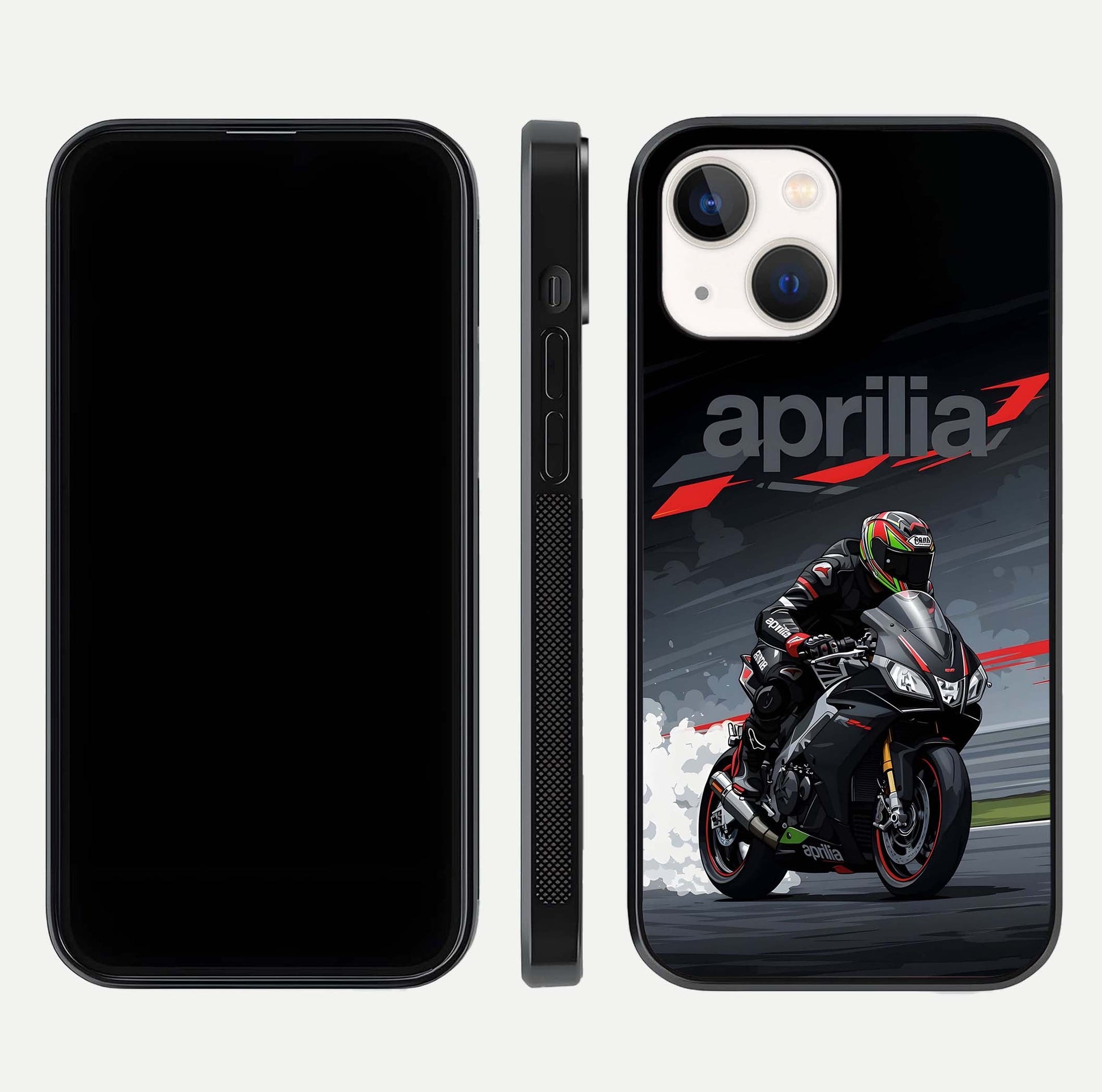 Dark Aprilla Glass Case for iPhone 14 dual-view layout displaying sleek racing look and HD shine