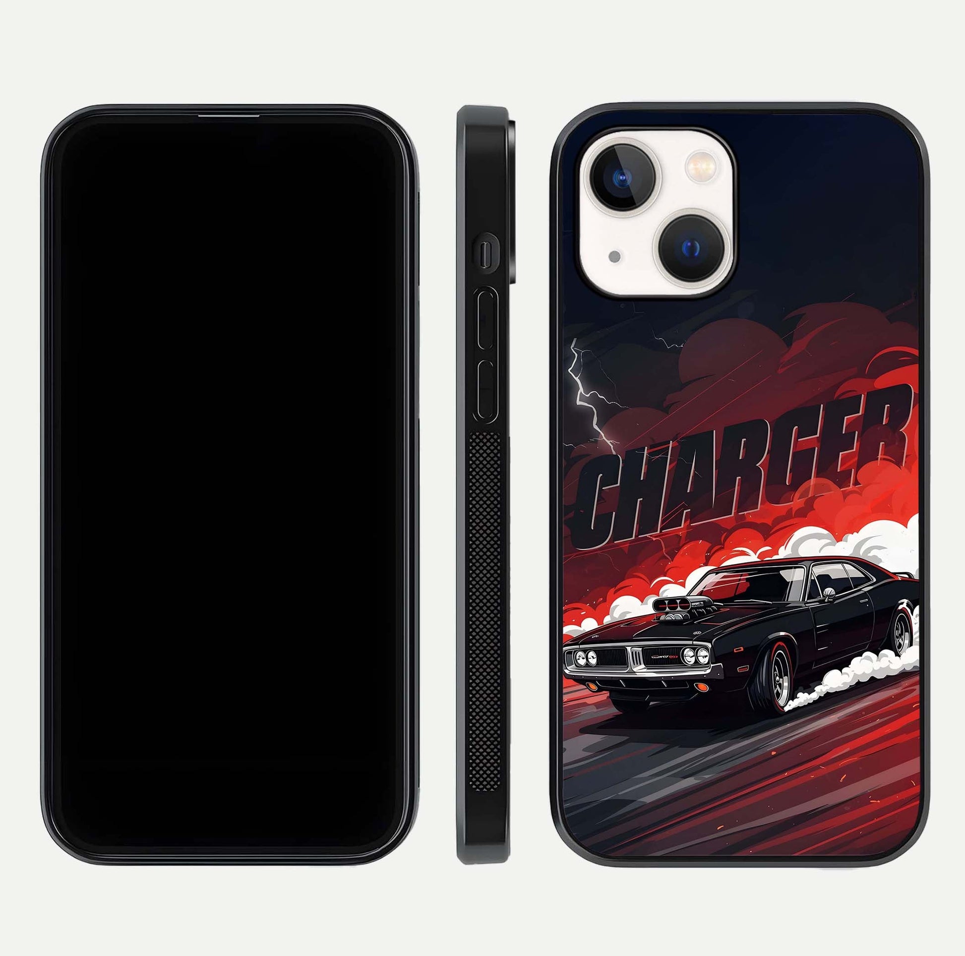 Dark Charger Fury Glass Case for iPhone 14 dual-view layout displaying HD design and polished edges