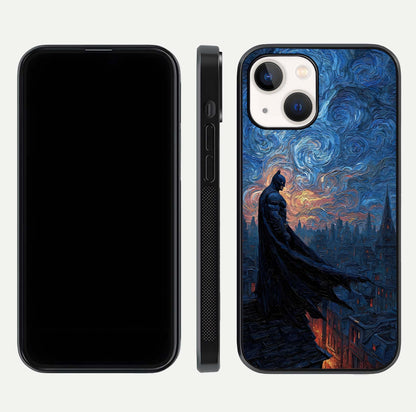 Dark Knight Dusk Glass Case for iPhone 14 dual-view layout displaying HD hero print and curved glass edges