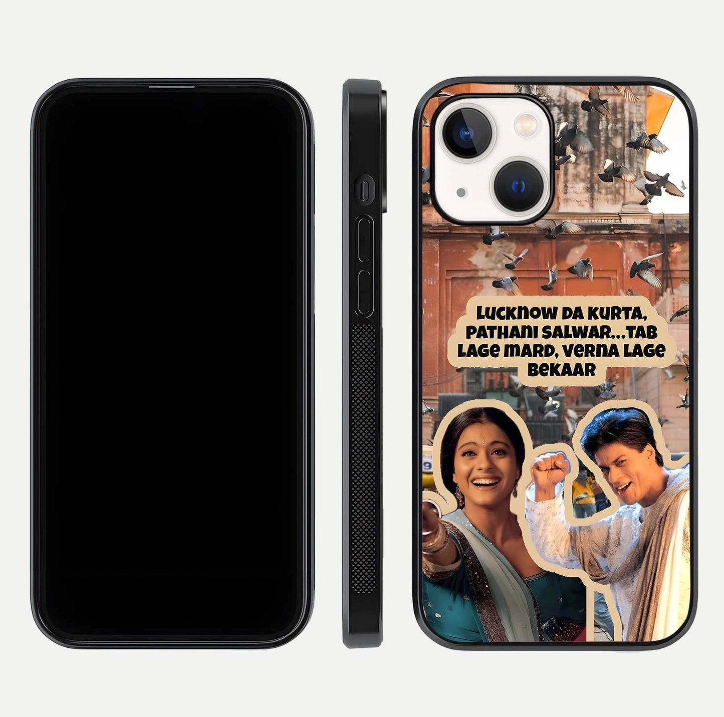 Desi Retro Vibes Glass Case for iPhone 14 dual-view layout showing nostalgic design and smooth glass curve