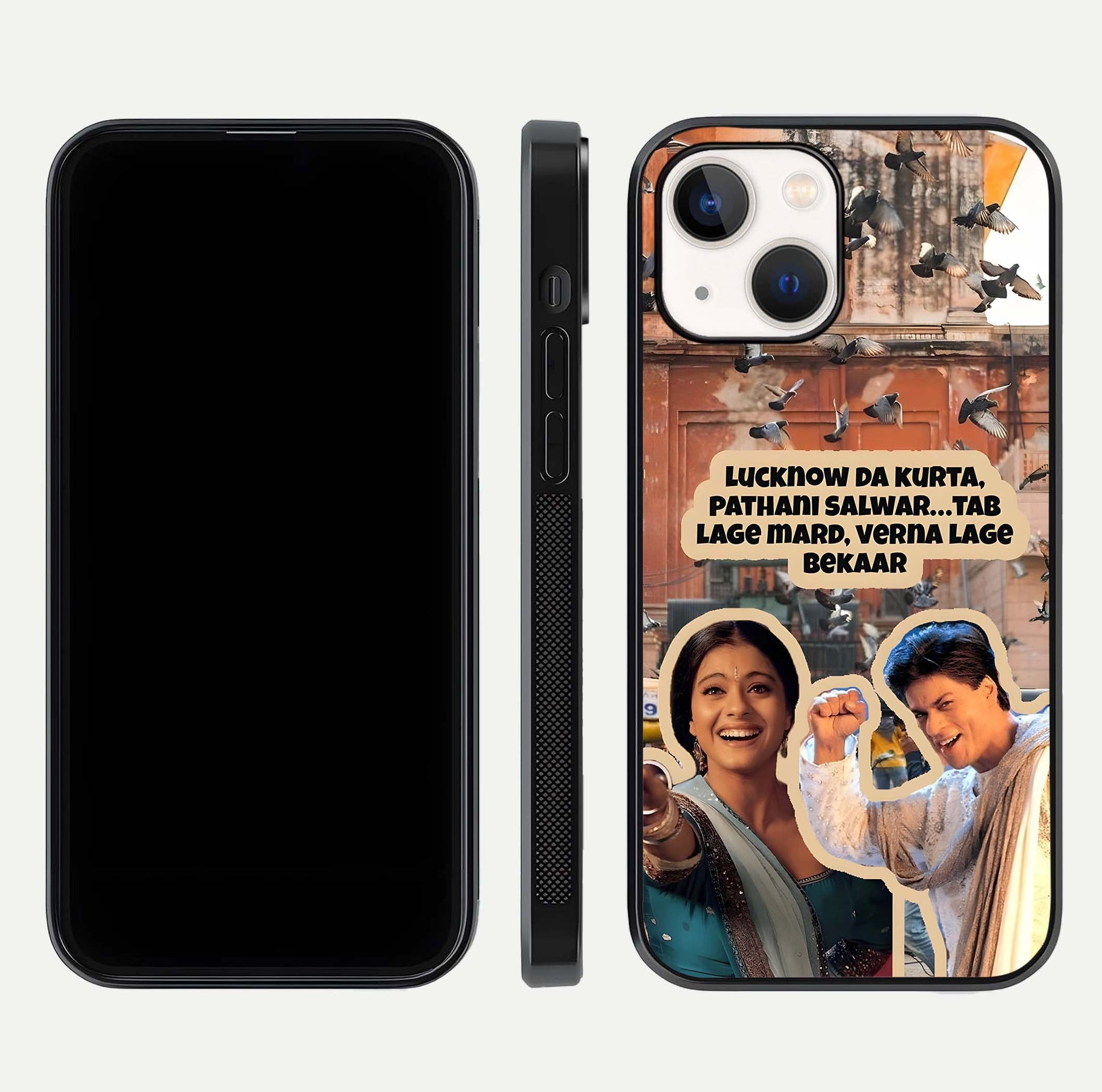 Desi Retro Vibes Glass Case for iPhone 14 dual-view layout showing nostalgic design and smooth glass curve