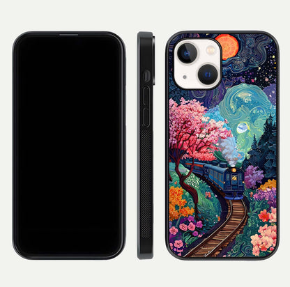 Digital Art Glass Case for iPhone 14 dual-view layout displaying artistic tones and curved glass edge