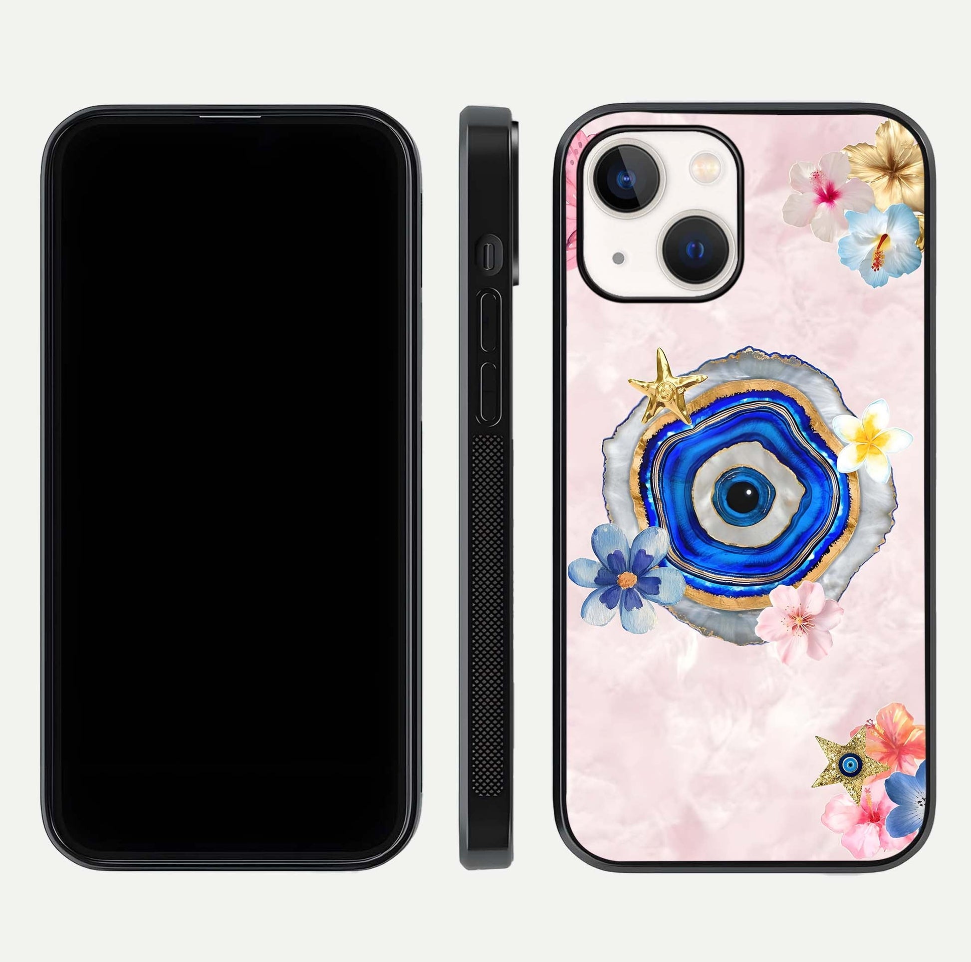 Divine Aura Bloom Glass Case for iPhone 14 dual-view layout displaying divine color tones and smooth edges