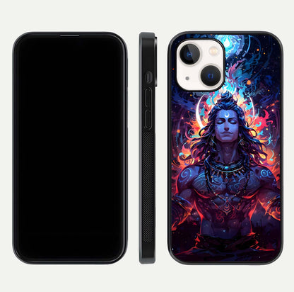 Divine Fire Shiv Glass Case for iPhone 14 dual-view layout displaying HD deity print and curved edges