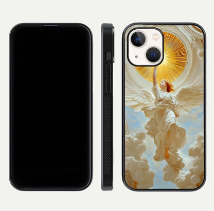 Divine Light Angel Glass Case for iPhone 14 dual-view layout displaying celestial tones and smooth curves