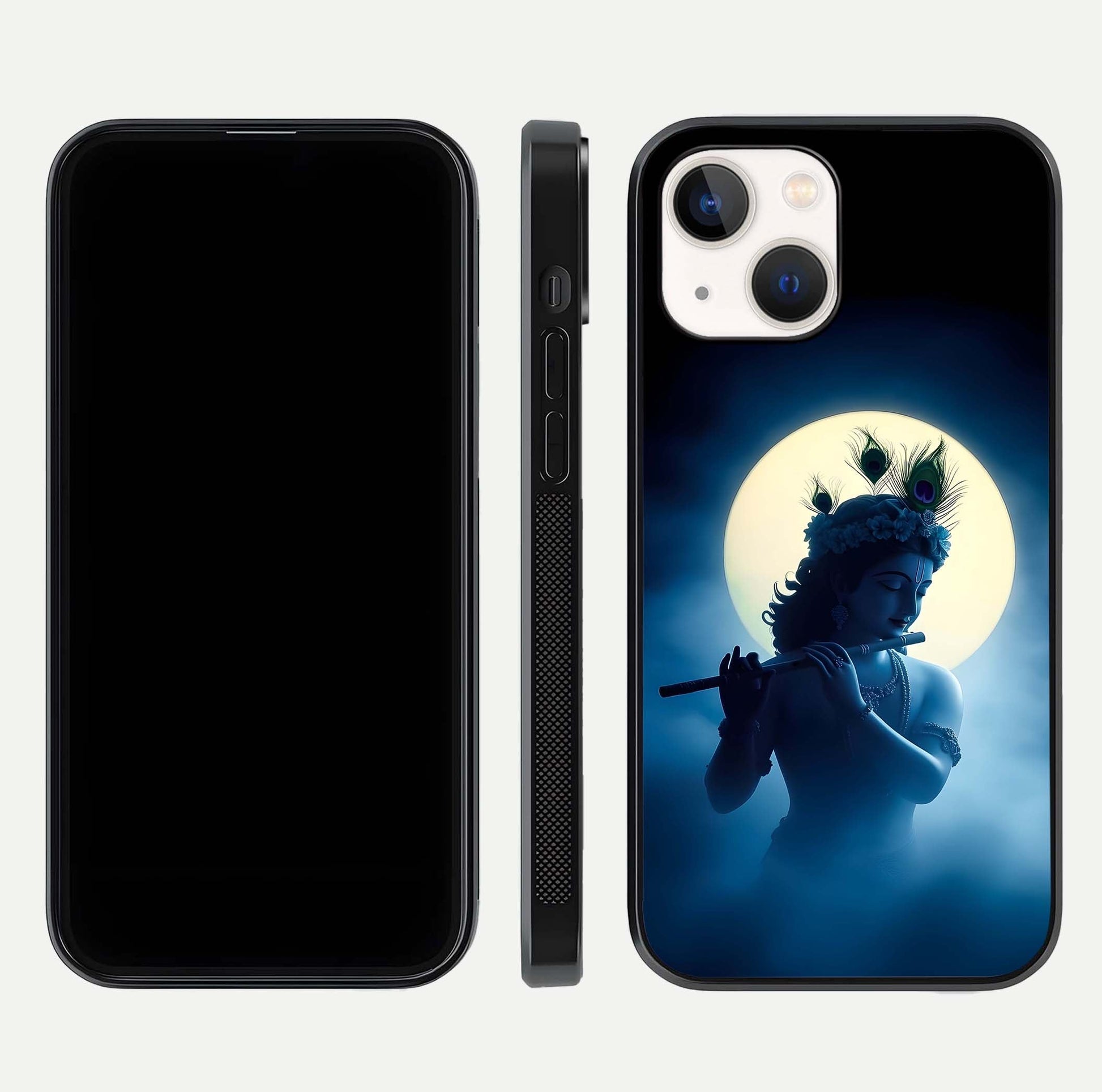 Divine Moon Flute Glass Case for iPhone 14 dual-view layout displaying soft night tones and curved polish