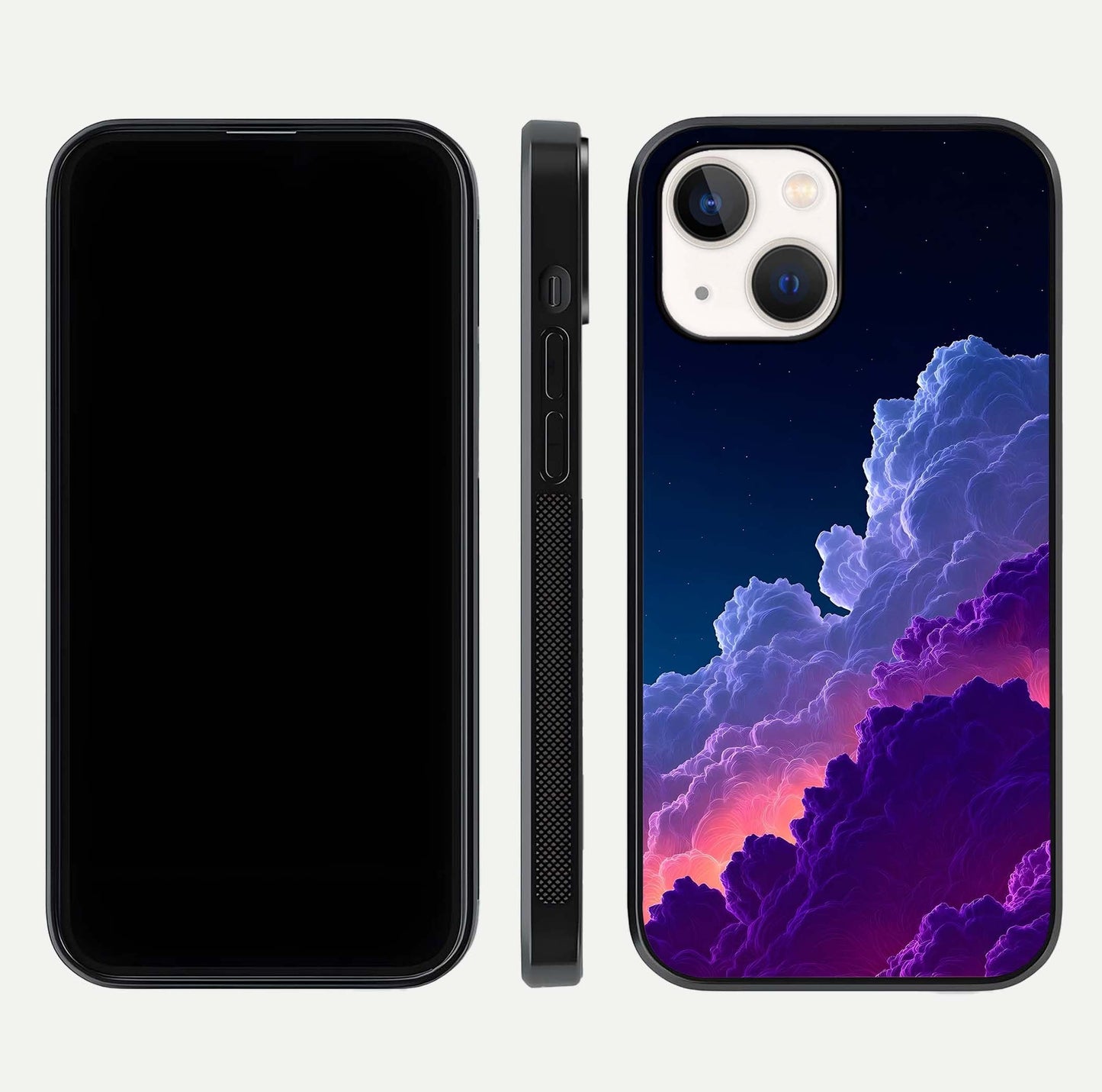 Dreamy Cloud Skies Glass Case for iPhone 14 dual-view layout displaying calm sky art and smooth curve
