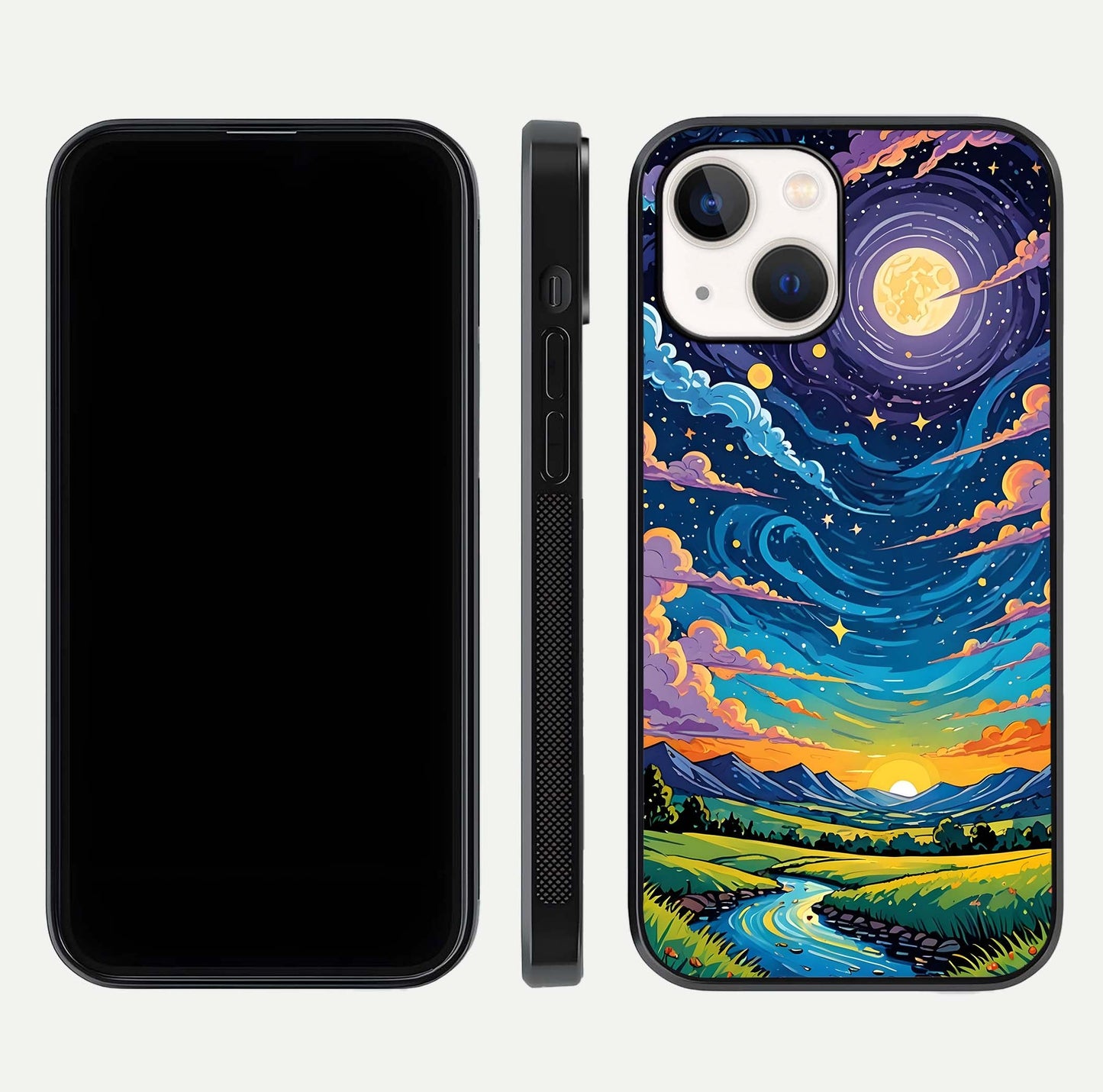 Dreamy Night Landscape Glass Case for iPhone 14 dual-view layout displaying HD print and curved glass edges