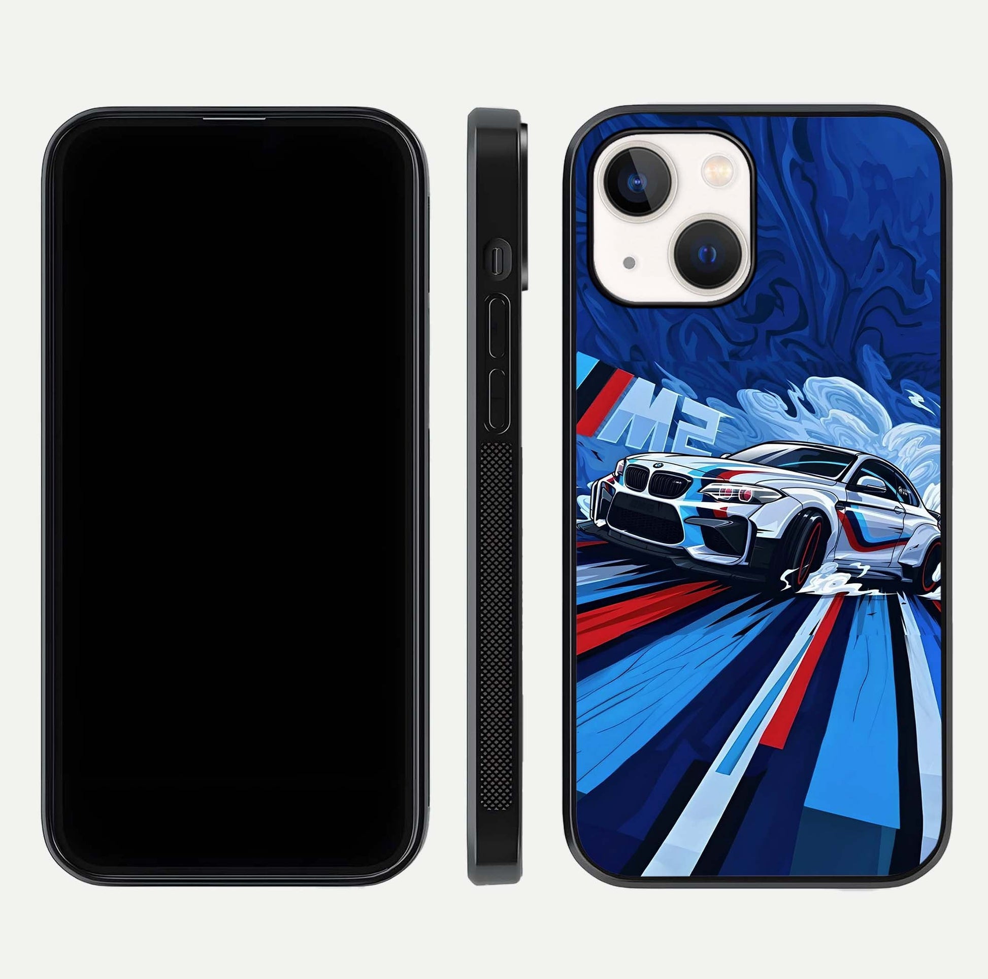 Drift Power Rush Glass Case for iPhone 14 dual-view layout displaying dynamic motion art and HD gloss