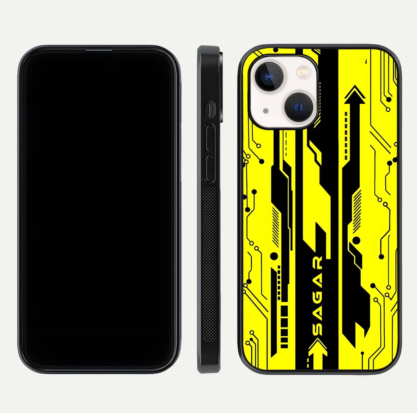 Electric Pulse CYBERPUNK Custom Name Glass Case for iPhone 14 dual-view layout displaying futuristic hues and curved glass edges