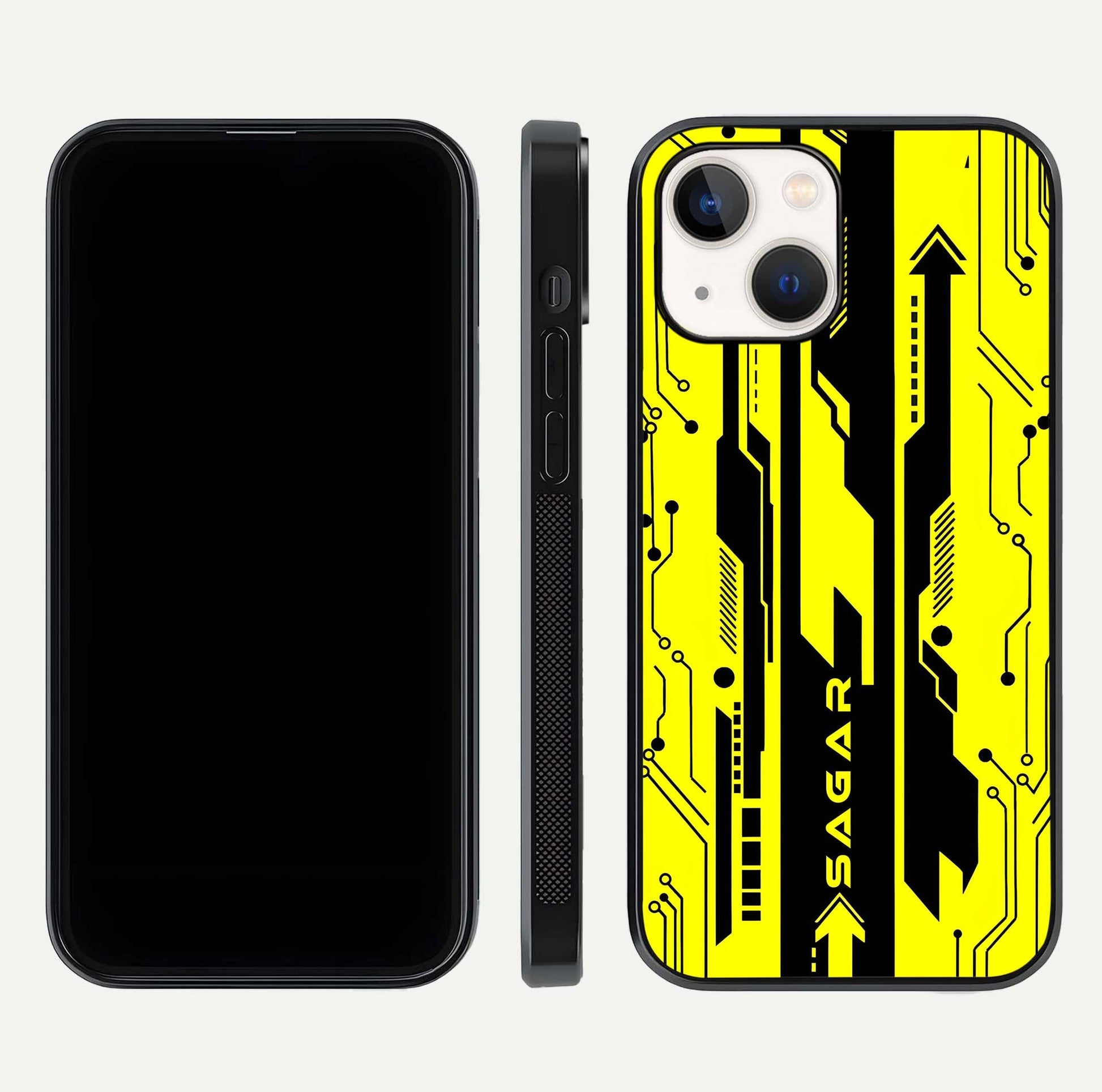 Electric Pulse CYBERPUNK Custom Name Glass Case for iPhone 14 dual-view layout displaying futuristic hues and curved glass edges