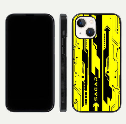 Electric Pulse CYBERPUNK Custom Name Glass Case for iPhone 14 dual-view layout displaying futuristic hues and curved glass edges