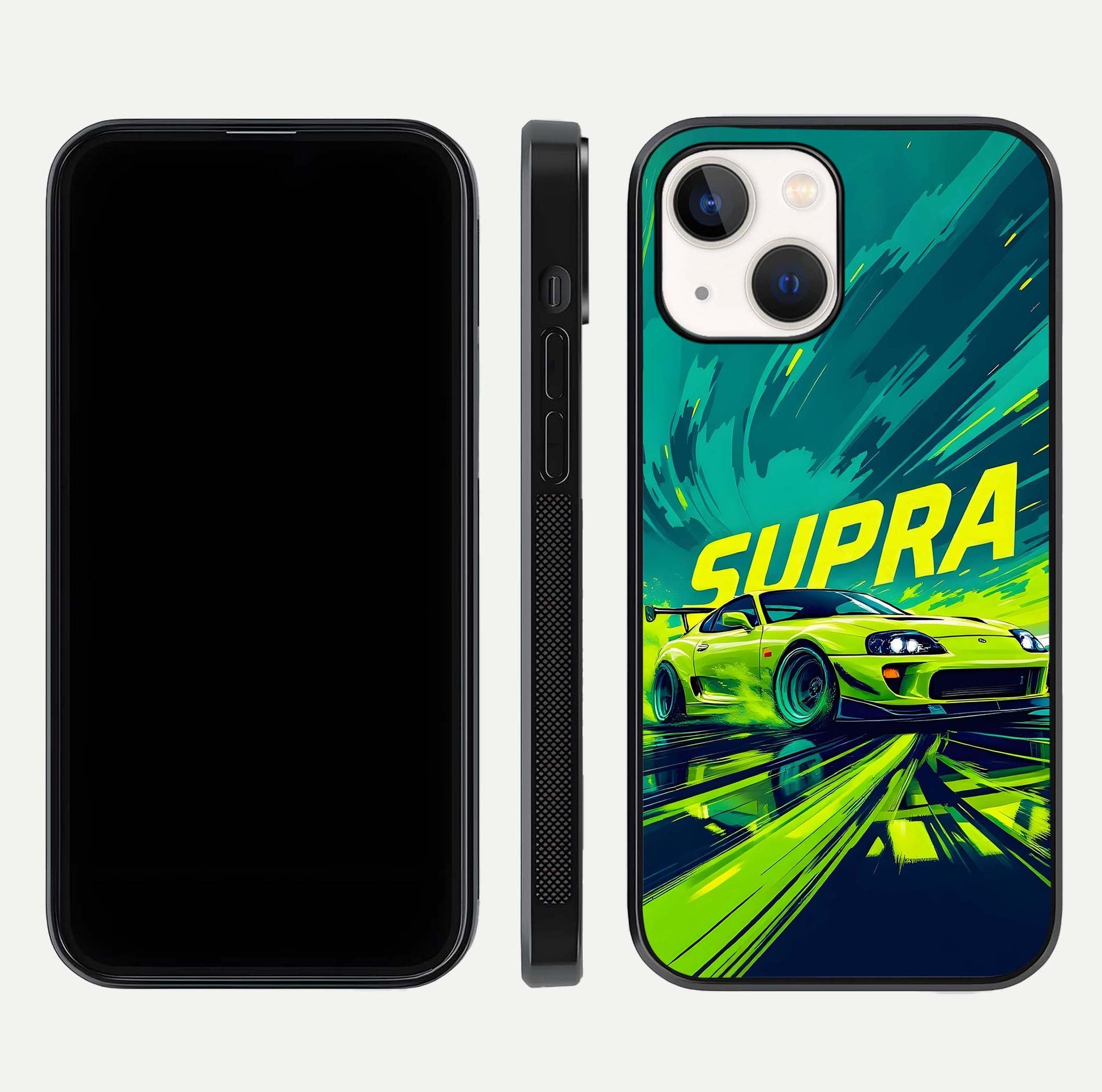 Electric Supra Thunder Glass Case for iPhone 14 dual-view layout displaying dynamic motion art and curved finish