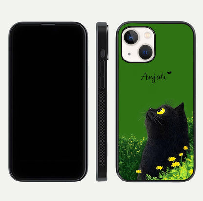 Emerald Cat Custom Name Glass Case for iPhone 14 dual-view layout displaying artistic tones and smooth curves