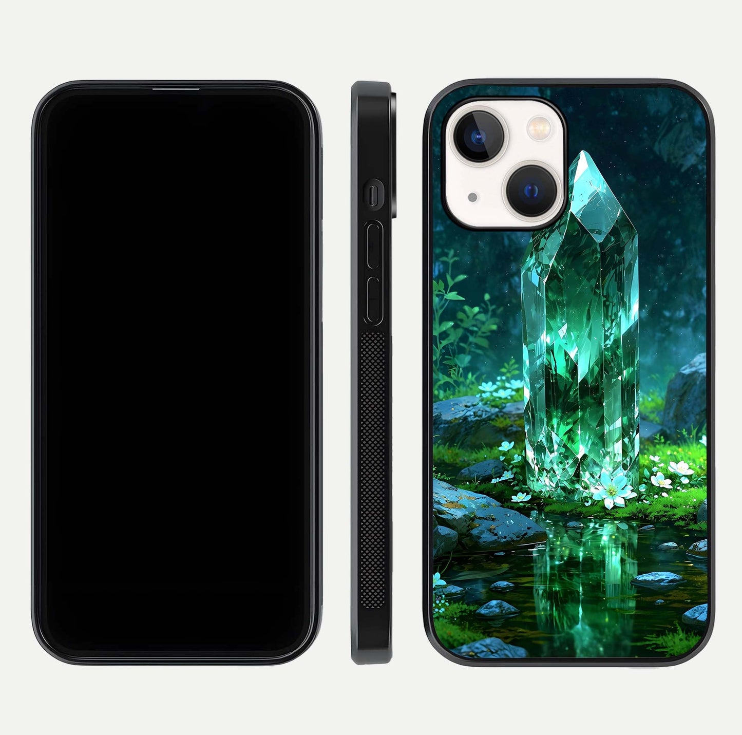 Emerald Light Crystal Glass Case for iPhone 14 dual-view layout displaying gem-like tones and polished edge