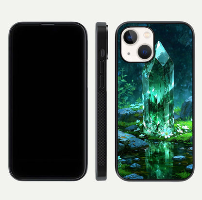 Emerald Light Crystal Glass Case for iPhone 14 dual-view layout displaying gem-like tones and polished edge