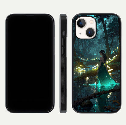 Enchanted Forest Glow Glass Case for iPhone 14 dual-view layout displaying green tones and smooth glass