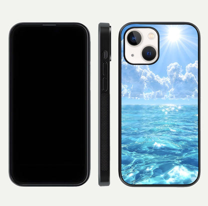 Endless Ocean Horizon Glass Case for iPhone 14 dual-view layout displaying calm seascape and curved edges