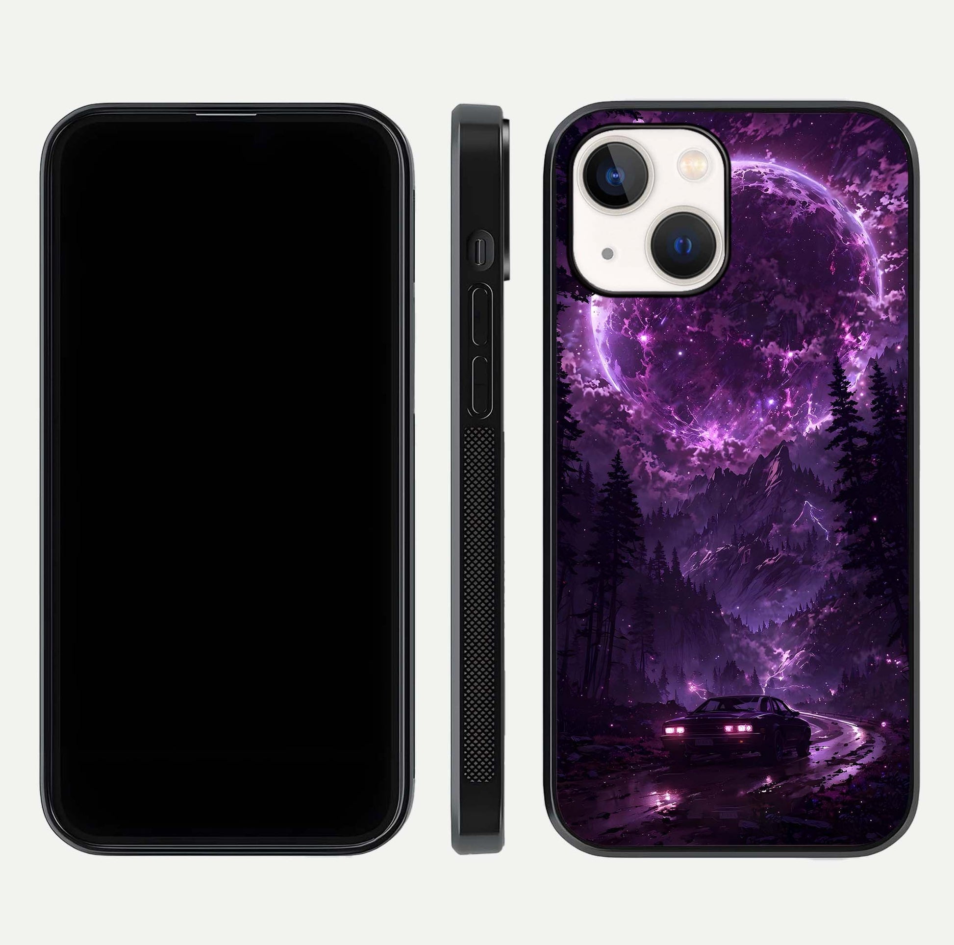 Eternal Cosmic Drive Glass Case for iPhone 14 dual-view layout displaying outer-space tones and curved finish