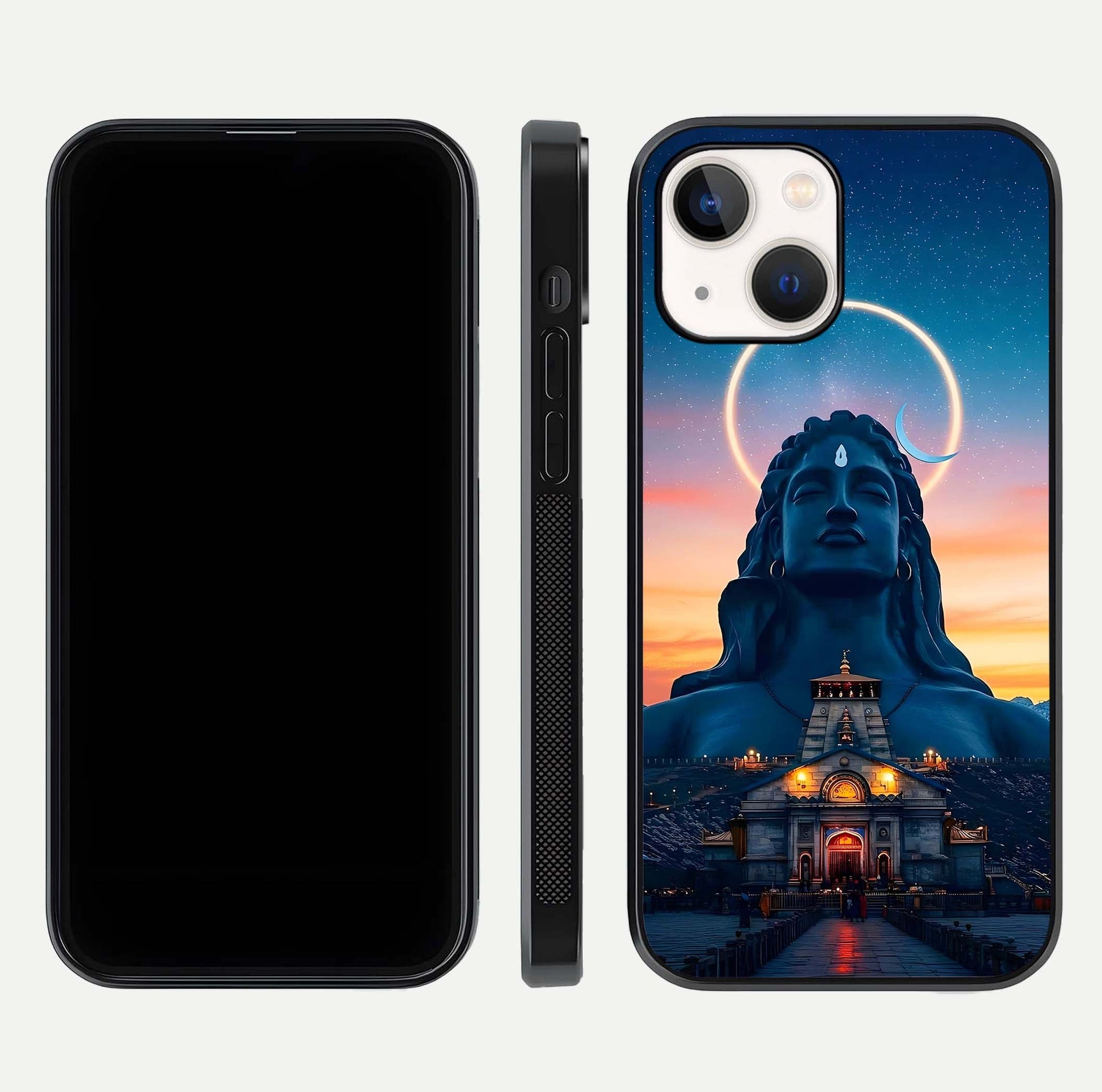 Eternal Shiva Aura Glass Case for iPhone 14 dual-view layout displaying HD deity print and smooth edge