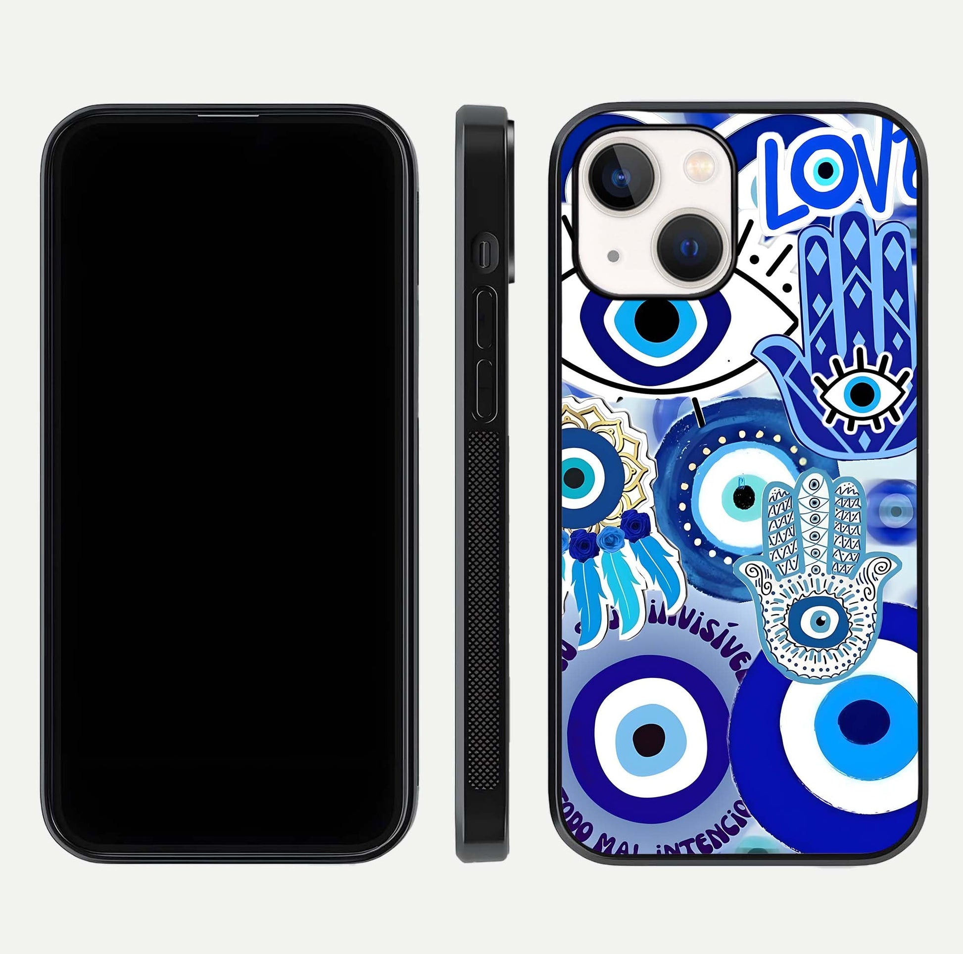 Evil Eyes Dream Glass Case for iPhone 14 dual-view layout displaying spiritual motif and polished curved edge