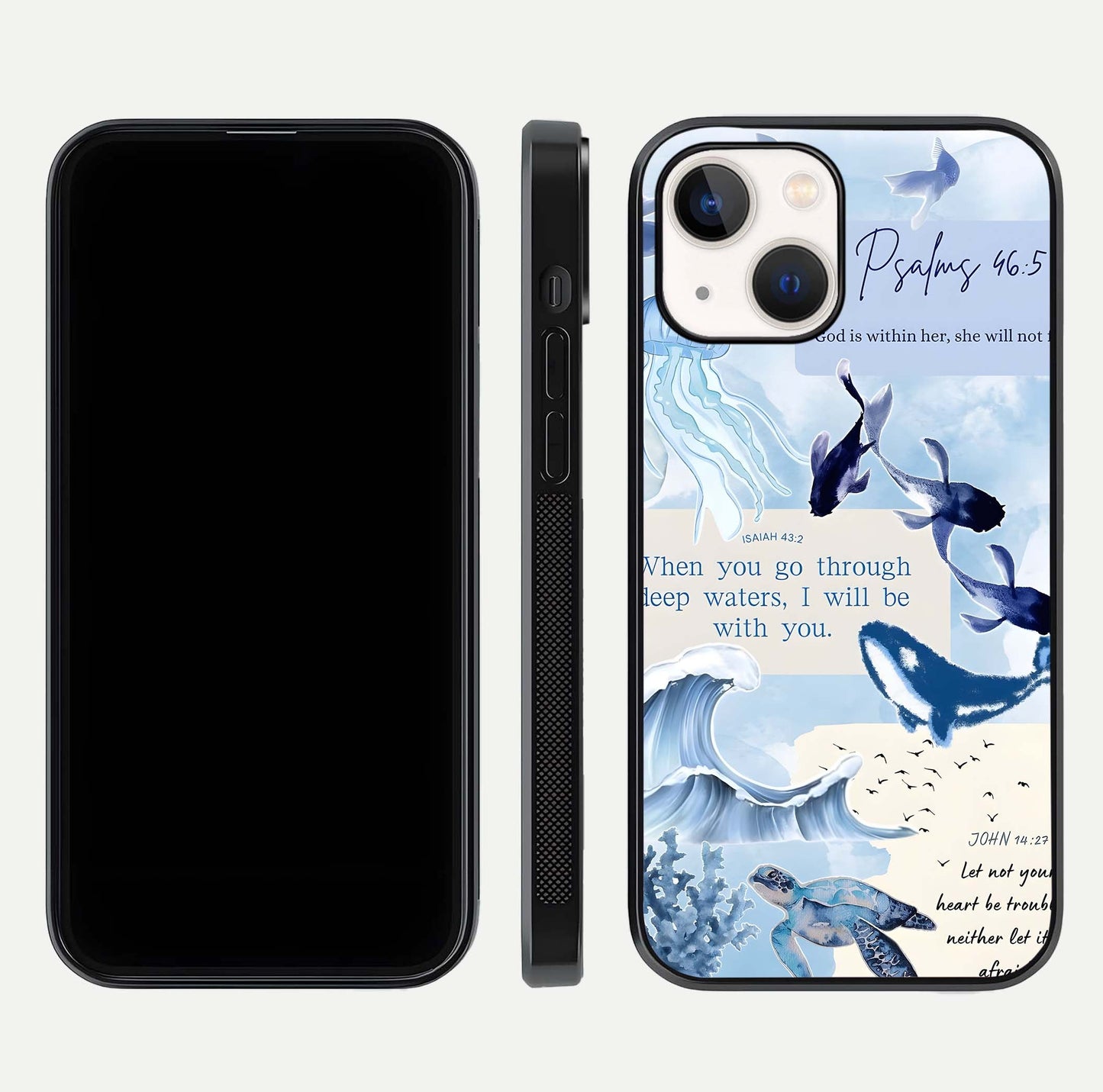 Faithful Ocean Promise Glass Case for iPhone 14 dual-view layout showing sea horizon art and curved polish