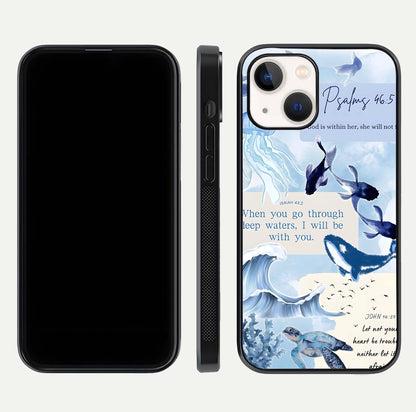 Faithful Ocean Promise Glass Case for iPhone 14 dual-view layout showing sea horizon art and curved polish
