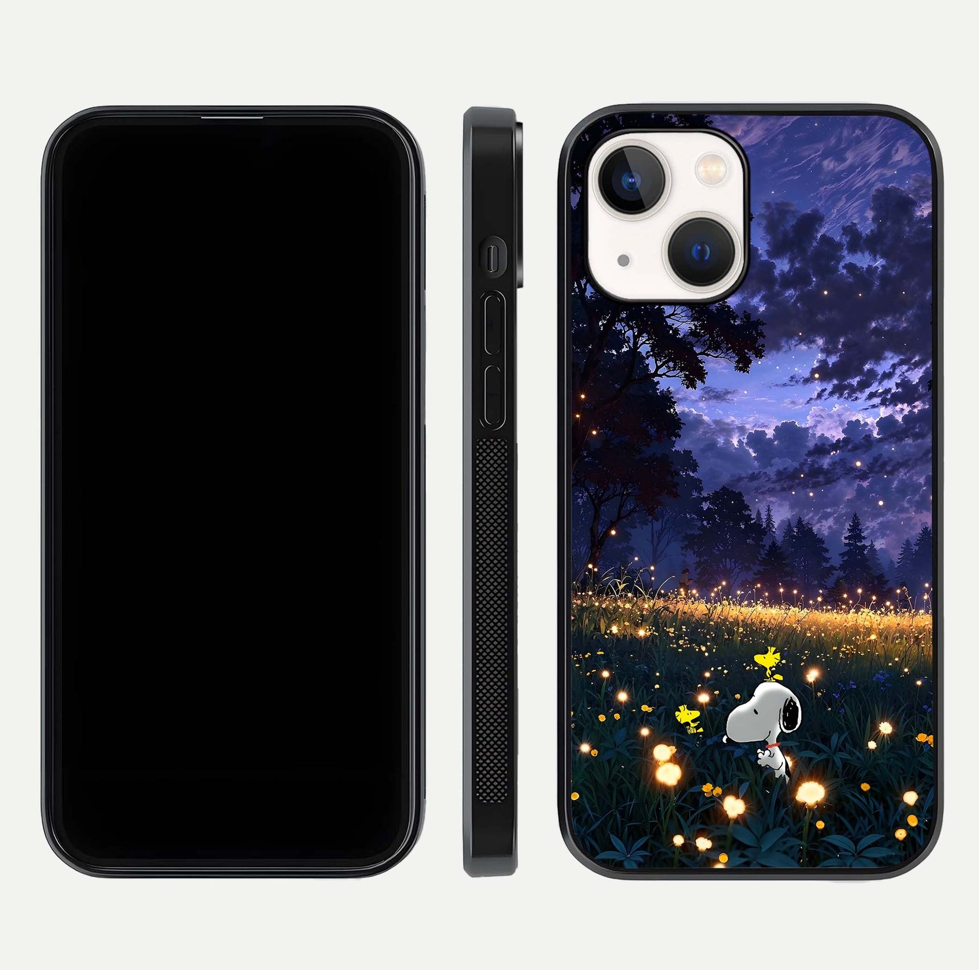 Firefly Meadow Magic Glass Case for iPhone 14 dual-view layout displaying enchanting tones and curved edges