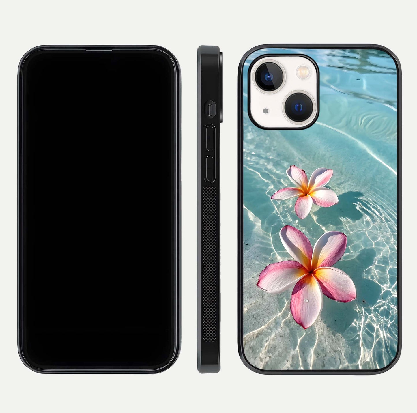 Floating Bloom Bliss Glass Case for iPhone 14 dual-view layout displaying soft pastel flowers and curved glass