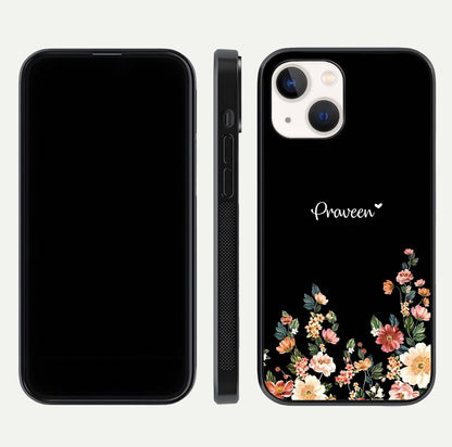 Floral Design Personalized Custom Name Glass Case for iPhone 14 dual-view layout displaying artistic tones and curved finish