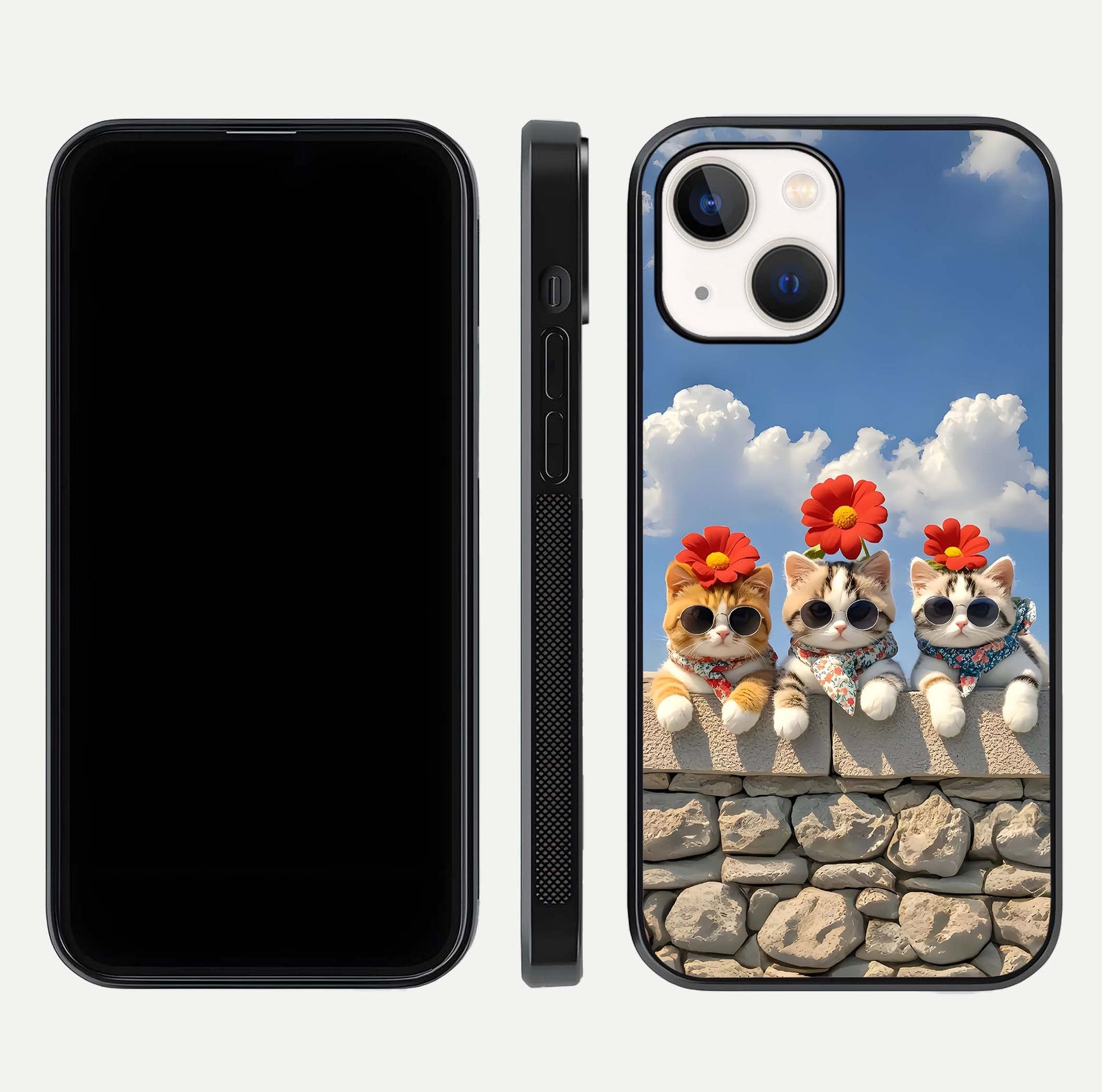 Floral Kitty Squad Glass Case for iPhone 14 dual-view layout displaying vibrant tones and smooth edges
