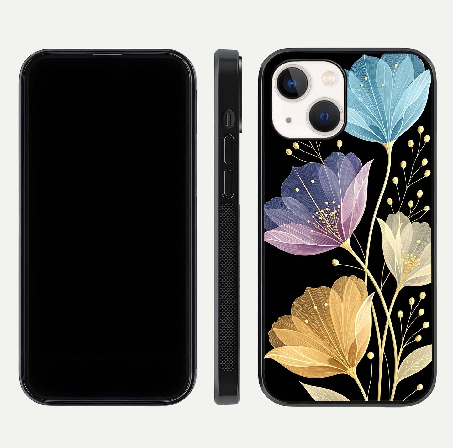 Flower Bloom Glow Glass Case for iPhone 14 dual-view layout displaying petal tones and curved glass edge