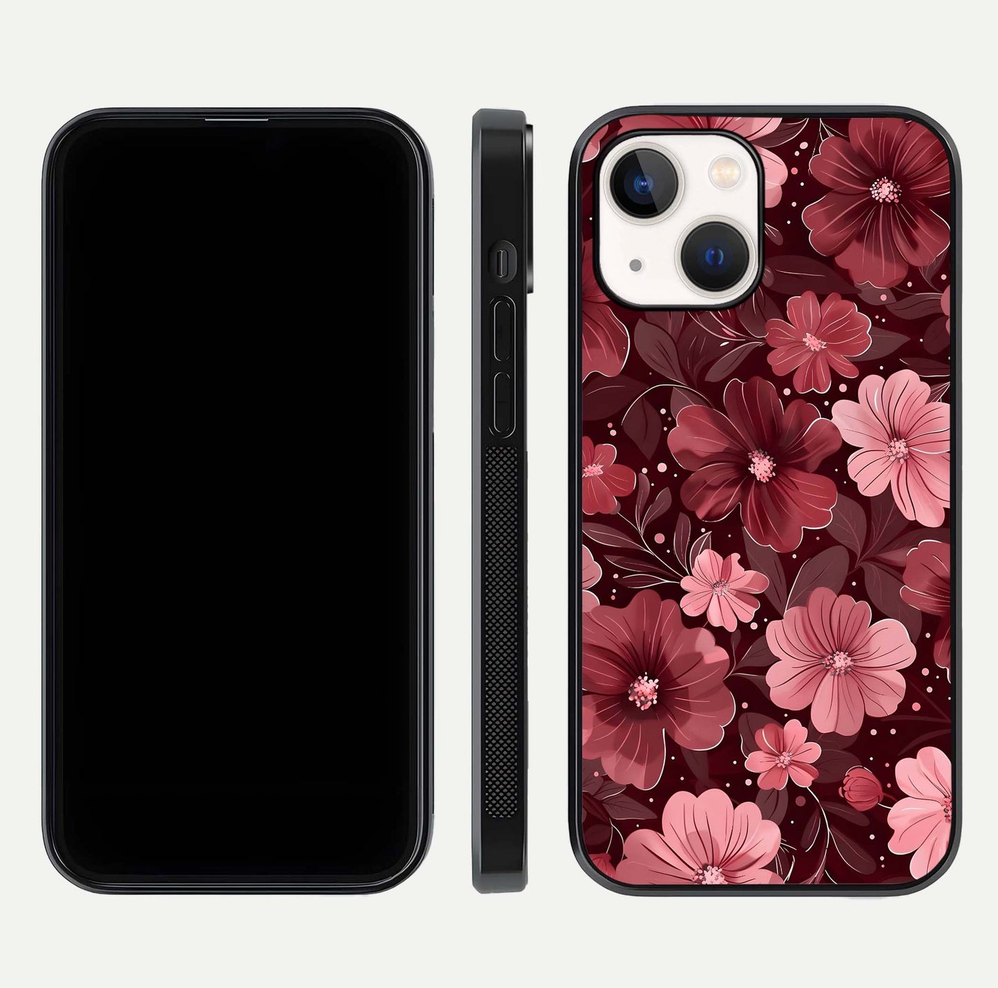 Flower Blush Bloom Glass Case for iPhone 14 dual-view layout displaying HD print and smooth curves