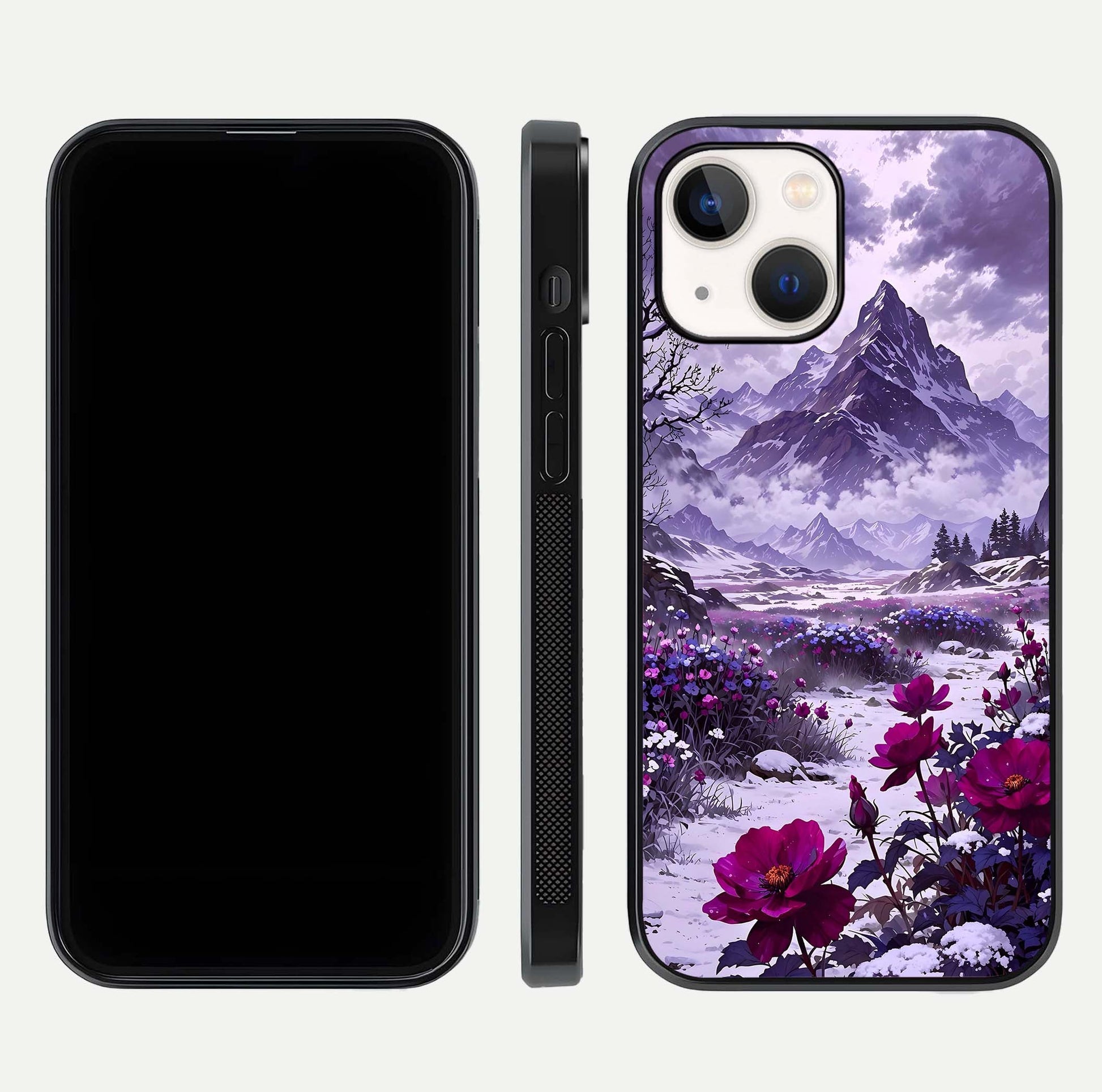 Flower Mountain View Glass Case for iPhone 14 dual-view layout displaying scenic tones and curved glass finish